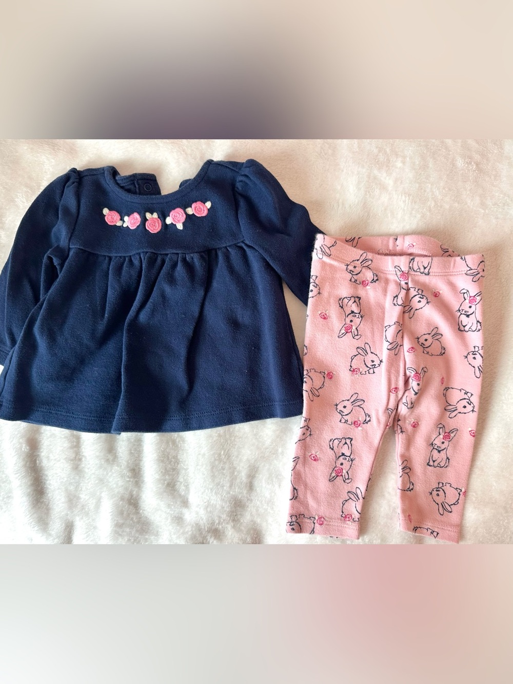 Gymboree Baby Girl Navy Blue Floral Top & Pink Bunny Leggings Set 3-6 Mos